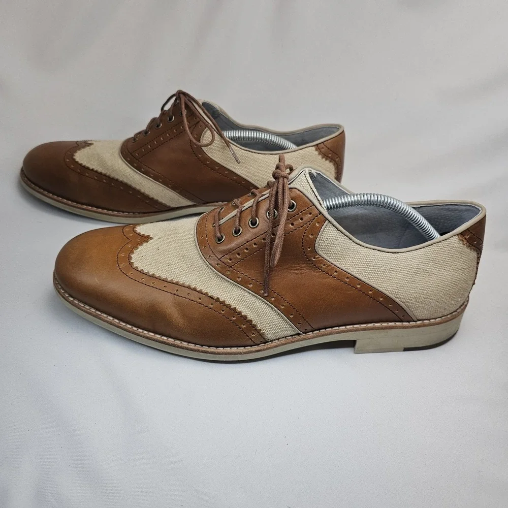 Johnston & Murphy Brown Leather Canvas Wingtip Oxford Shoes Men's 13M Sheepskin